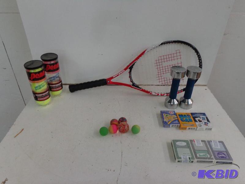 lot 39 image: Tennis Supplies, Dumbbells and Cards Wilson R...