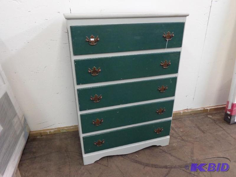 lot 9 image: 5 Drawer Wood Dresser Metal Pull Handles Ligh...