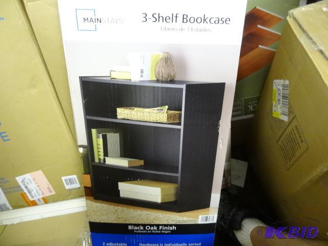lot 180 image: Mainstays 3 Shelf Bookcase. Black Oak Store R...