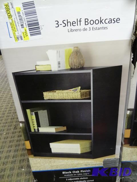 lot 193 image: Mainstays Black Oak 3 Shelf Bookcase Store Re...