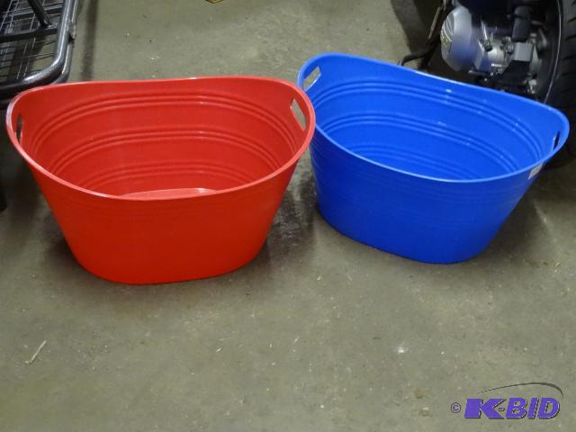 lot 23 image: 2-Plastic Tubs with Handle Boles 1-Red, 1-Blu...