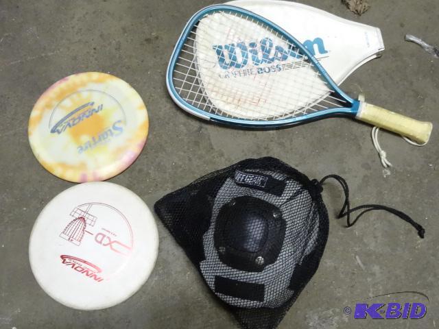 lot 56 image: 2-Disk Golf Disks and a Raquetball Raquet, Th...