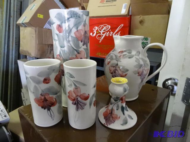 lot 92 image: Ceramic Water Pitcher, 2 Glasses, Vase and Ca...