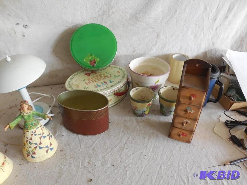 lot 169 image: Lot of misc items including tins, flower pot...