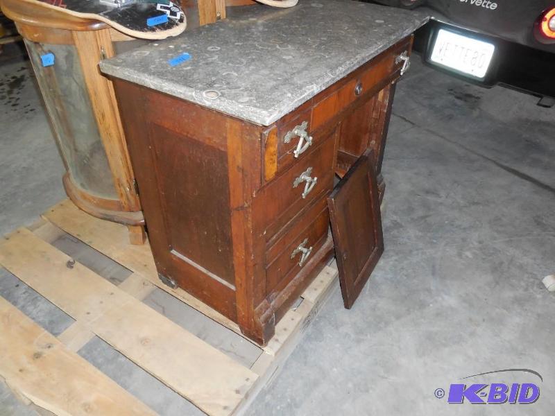 lot 191 image: Old Masons cabinet with marble top needs a li...