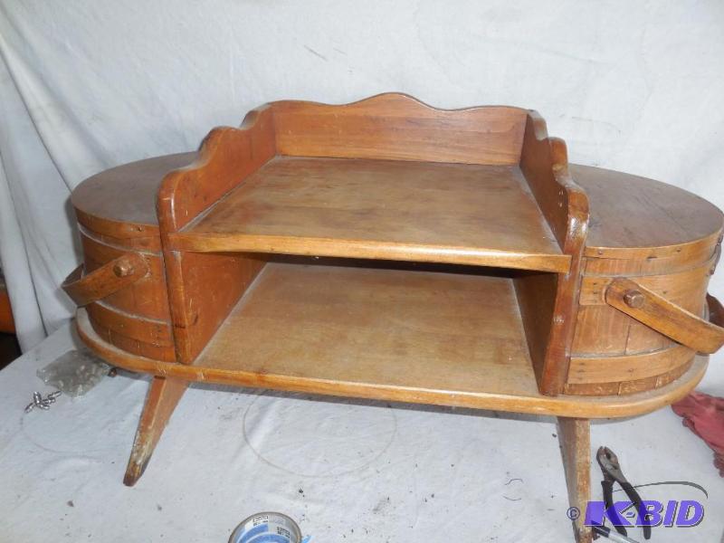 lot 26 image: Wood table with side handles, this is pretty ...
