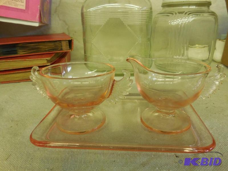 Pink creamer, sugar and tray...