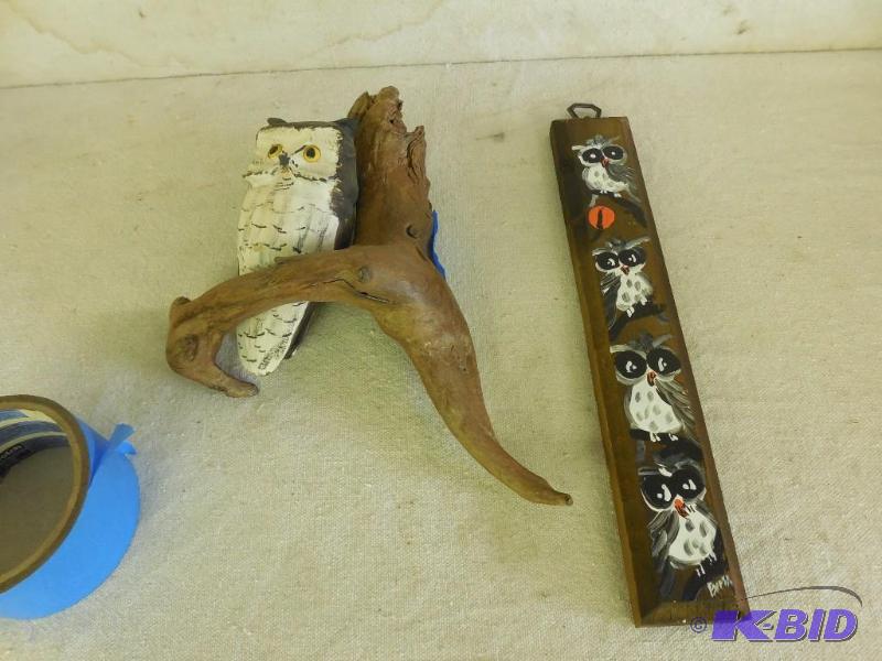 2 wood hanging owls...