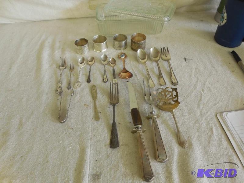 Sterling and Stainless utensils, napkin ring...