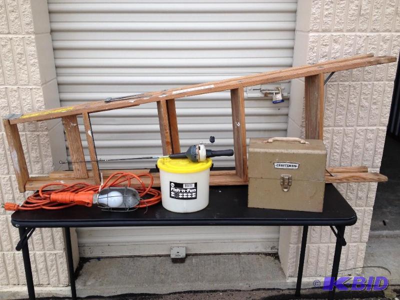 lot 7 image: Ladder, Tool Box, Light, Minnow Bucket, Ice Fishing RodReel