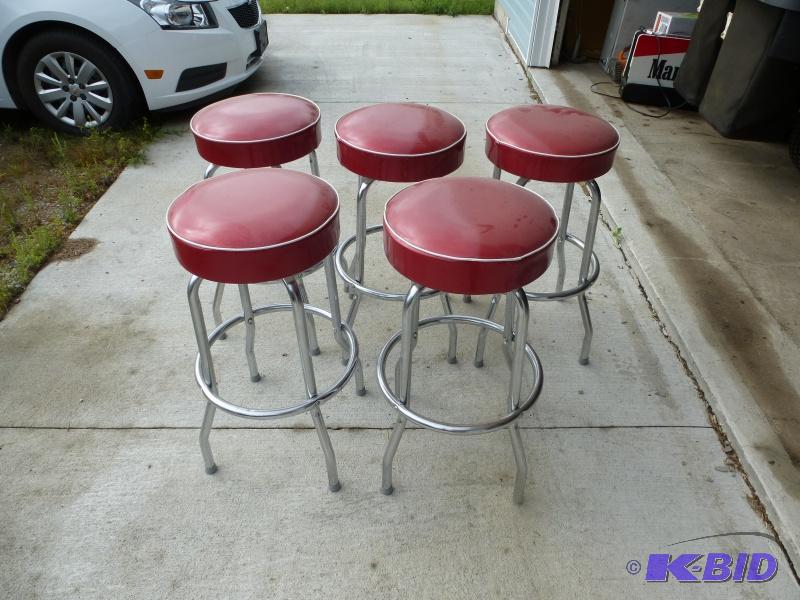 lot 16 image: Red Bar stools Back to the 50s chrome bar st...