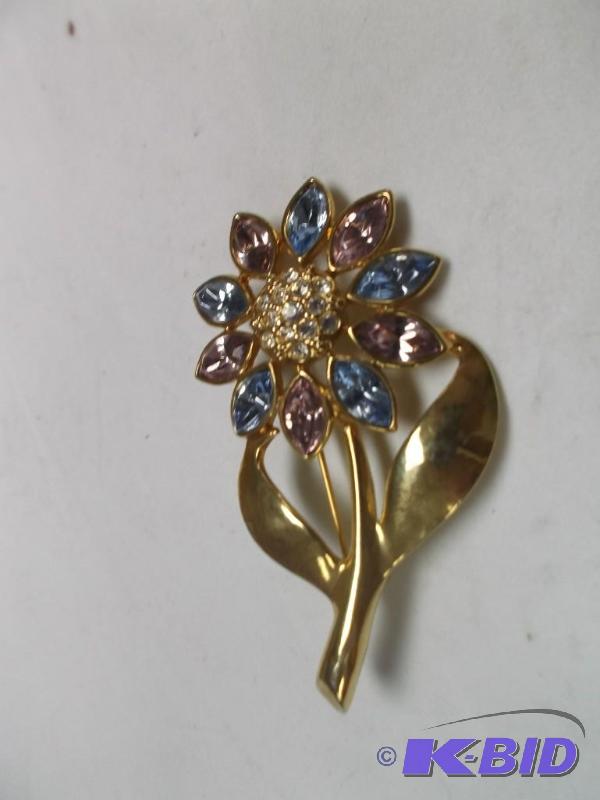 Gold Tone Flower With Stones Brooch Pin...