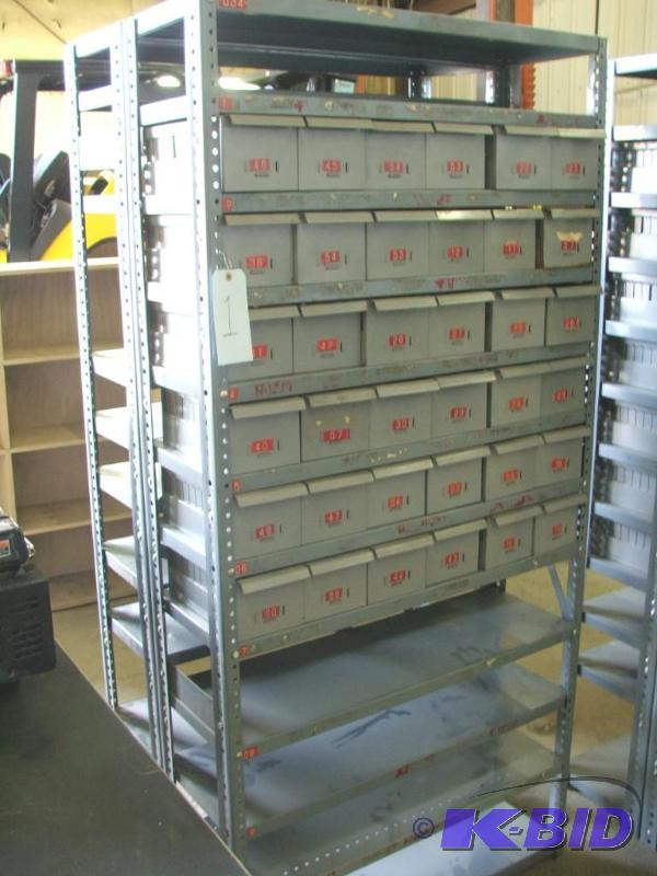 2 sections of parts shelving with parts bins,...