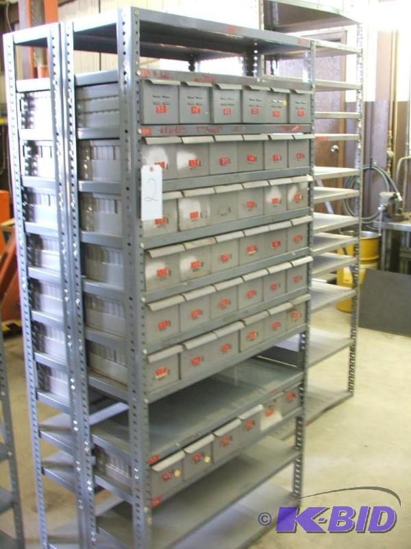 2 sections of parts shelving with parts bins,...