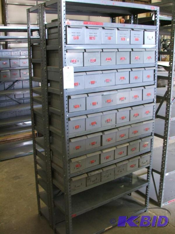 2 sections of parts shelving with parts bins,...