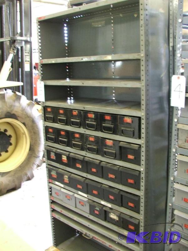 2 sections of parts shelving with parts bins,...
