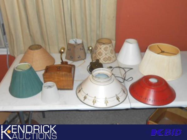 lot 130 image: Lot of Metal, and Cloth Lamp Shades, and 2 Wall Sconces