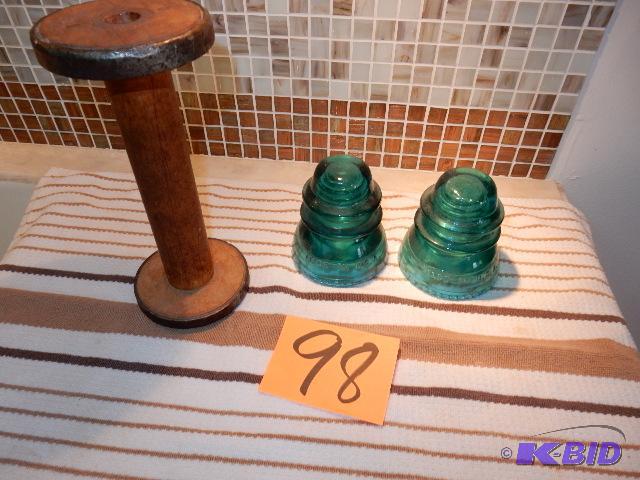 Wooden wire spool and electrical insulators