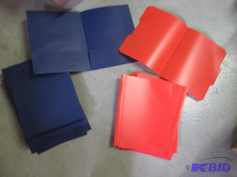 lot of blue folders, and red plastic file fol...