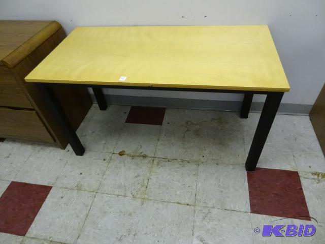 lot 112 image: metal framed table with wood top. 48x24x27...