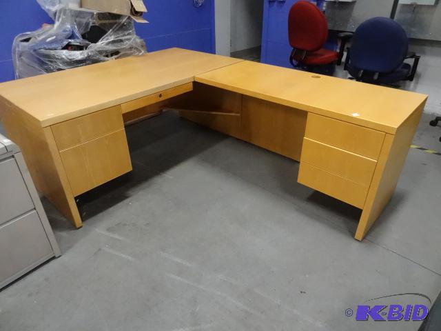 lot 183 image: L shaped wood desk. 2 piece. 5 drawer. 90x66...