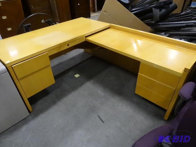 lot 203 image: wood L shaped office desk. 2 piece. 5 drawer....