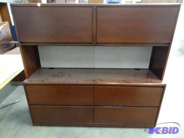 lot 221 image: Credenza and hutch unit. 4 lateral file drawe...
