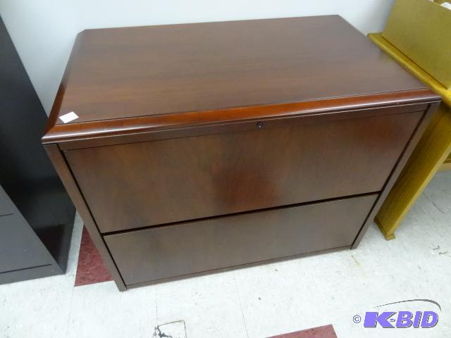 lot 52 image: Wood 2 drawer lateral file. 38 x 22 x 30...