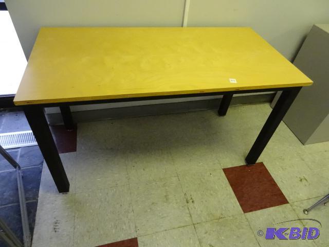 lot 89 image: metal framed table with wood top. 48x24x27...
