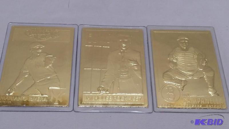 3 Gold colored cards in protectors, Elvis Jai...