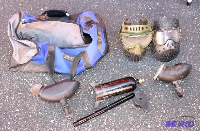 lot 20 image: Brass Eagle Paintball - 2 masks 2 hoppers, 1 ...