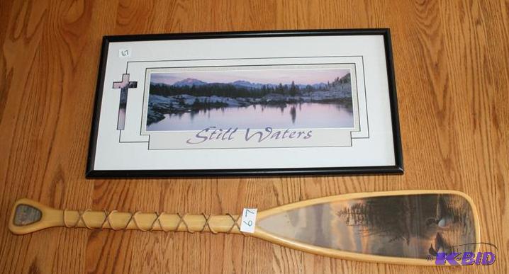 lot 67 image: Hand painted paddle loon scene 36" long ...