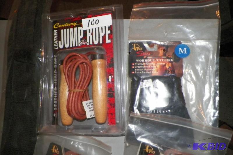 lot 100 image: 5 Pairs of Workout Gloves, Leather Jump Rope, & Keys Large Weightlifting Belt