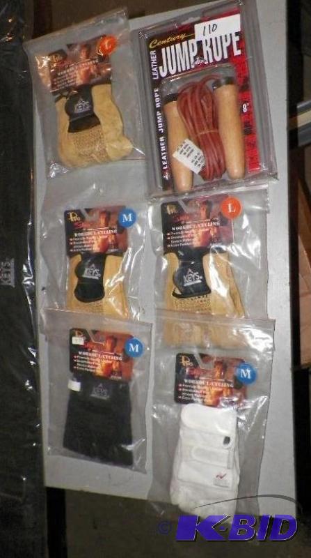 lot 110 image: 5 Pairs of Workout Gloves, Leather Jump Rope, & Keys 4XL Weightlifting Belt