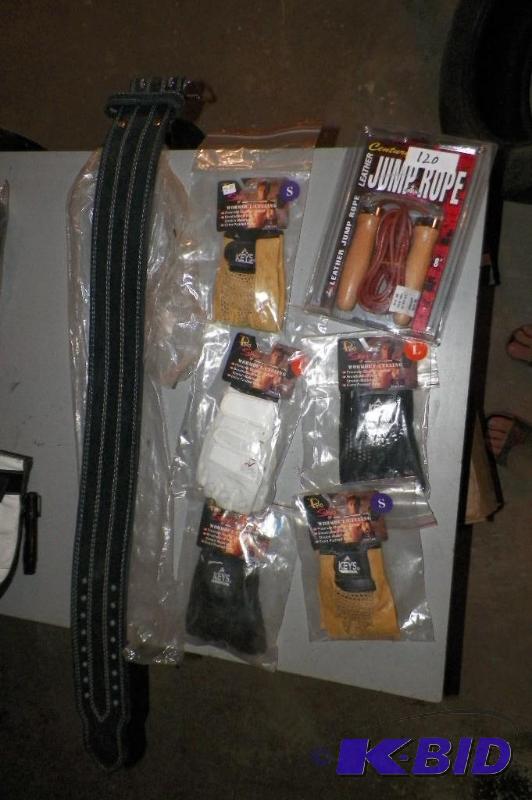 lot 120 image: 5 Pairs of Workout Gloves, Leather Jump Rope, & Large Heavy Duty Leather Weightlifting Belt Expensive Belt