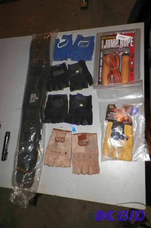 lot 130 image: 5 Pairs of Workout Gloves, Leather Jump Rope, & Keys Small Weightlifting Belt