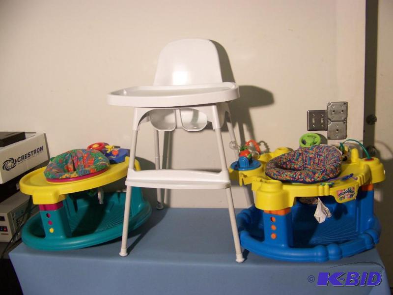 lot 45 image: (2) Kids Exersaucers and a Highchair