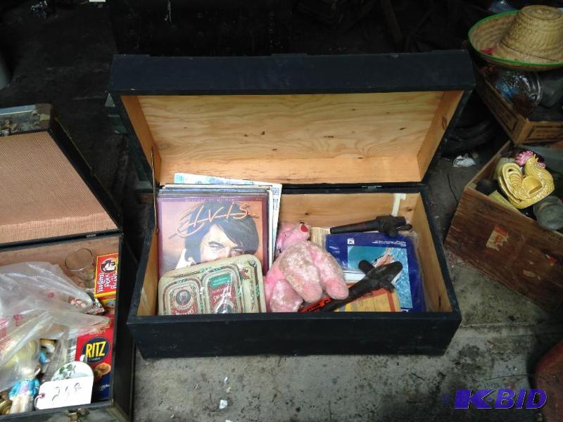 lot 209 image: TRUNK WITH ELVIS RECORD & OTHERS, BEER TAPS, POODLE AND MORE