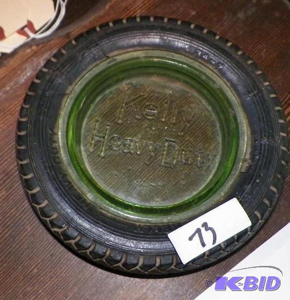 lot 73 image: KELLY HEAVY DUTY TIRES ASHTRAY WITH DEPRESSION GLASS ASHTRAY 6 12 INCHES