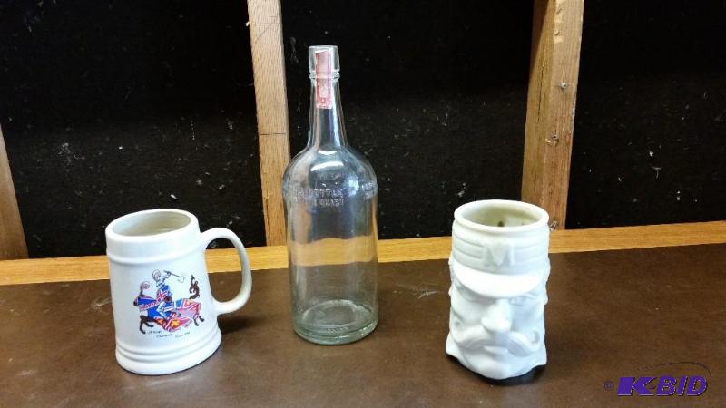 Antique Booze Bottle and Mugs