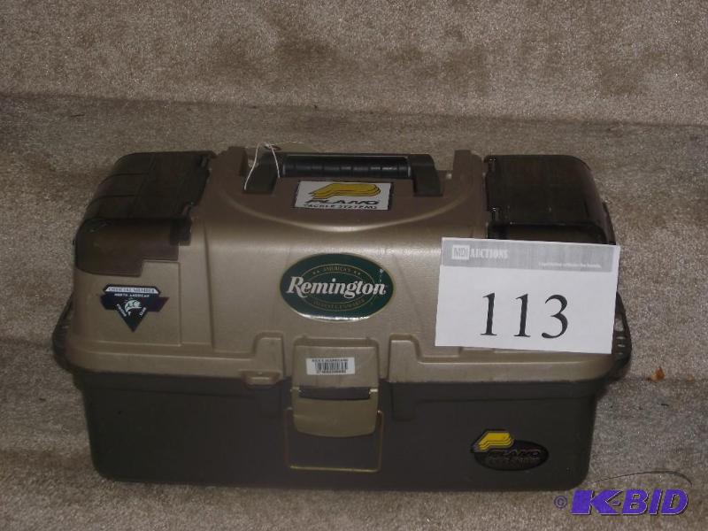 lot 113 image: Plano 3 tier tackle box with some tackle...