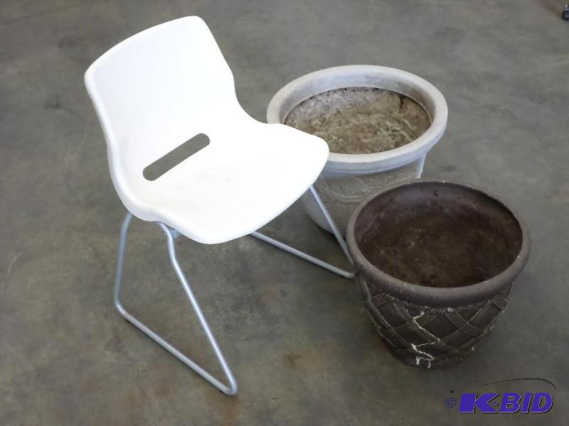 lot 37 image: (2) Flower Pots & (1) Steel Framed Chair...