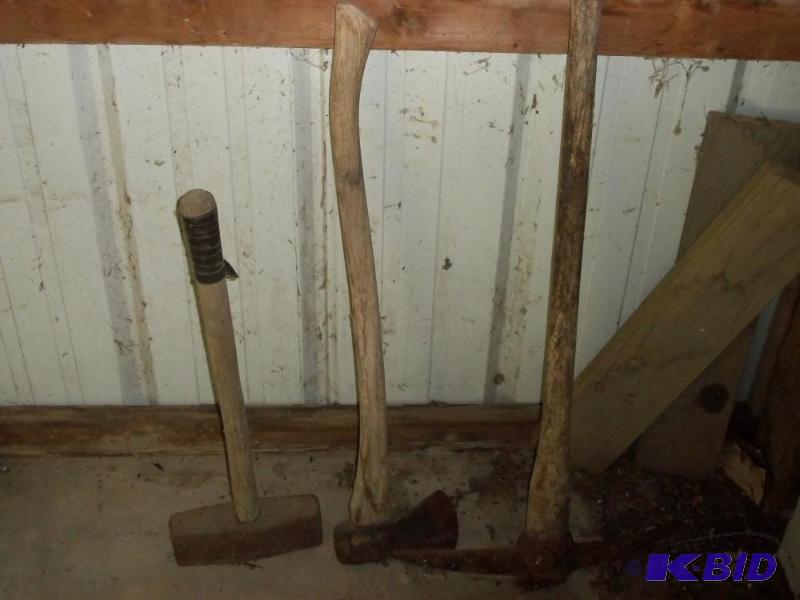 lot 107 image: Pick axe, axe and sledge hammer...