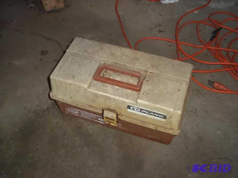 lot 113 image: Plano brown and tan plastic fishing tackle bo...