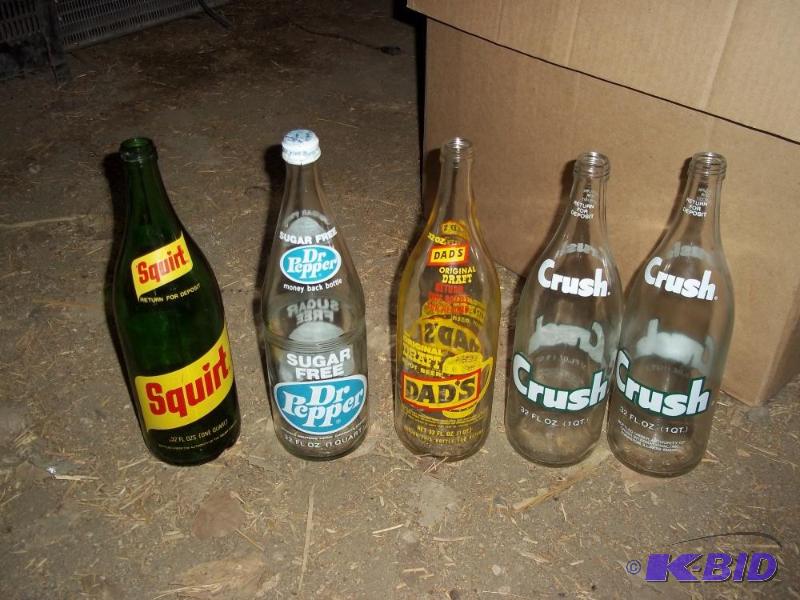 lot 34 image: Vintage quart size glass bottles   2 Crush  1...
