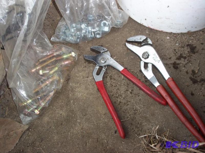 lot 79 image: 2 slip lock pliers   bags of new nuts and bol...