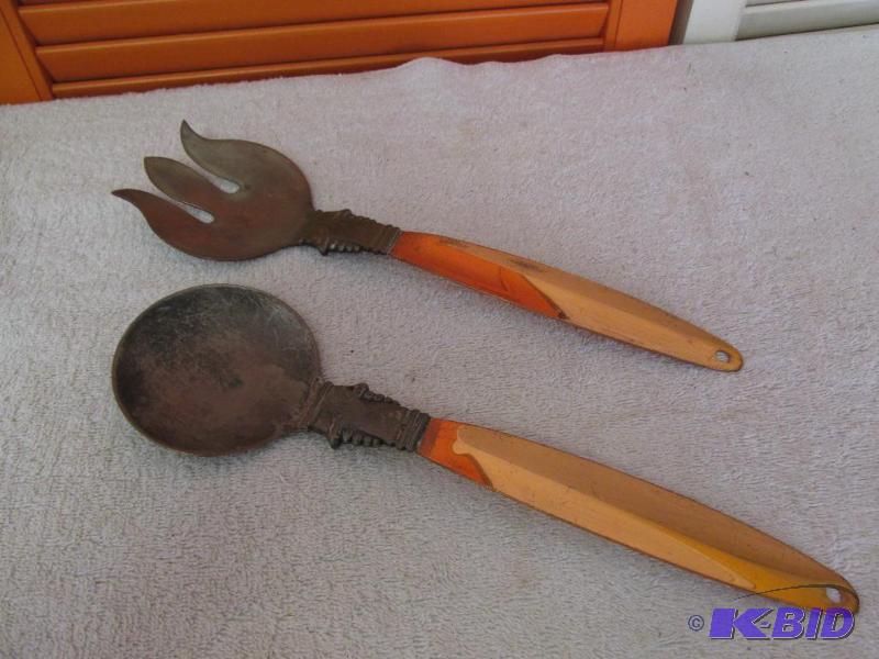 Vintage Copper and Tin Salad Fork and Spoon.