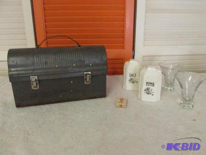 Lunch Box, Vintage Deco Salt and Pepper Set, Pair of Glasses and a Pack of Burger King Cards.