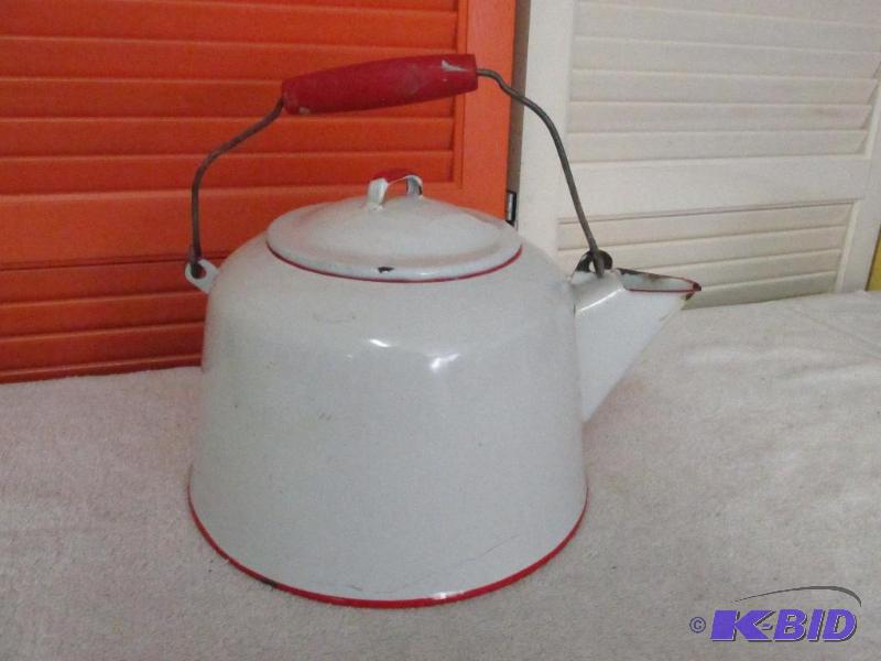 Large Vintage White Enamel Ware with Red Trim Tea Pot.