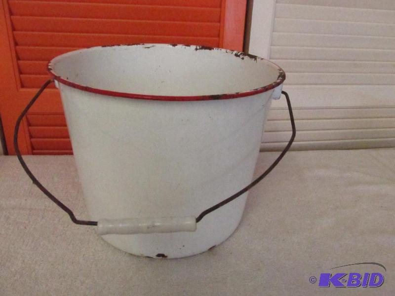 Large Enamel Ware Pail - White with Red Trim